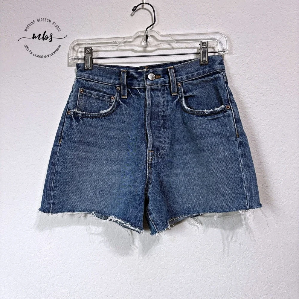 GRLFRND Helena 90's High Rise Cut Off Distressed Denim Shorts Light Wash Blue 24